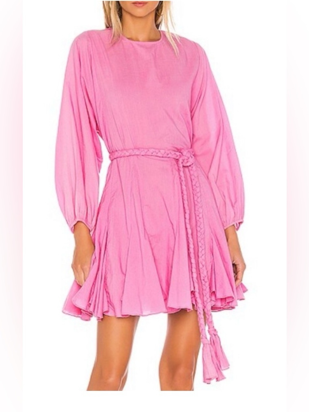 RHODE Pink Long-Sleeve Braided-Belt Mini Dress